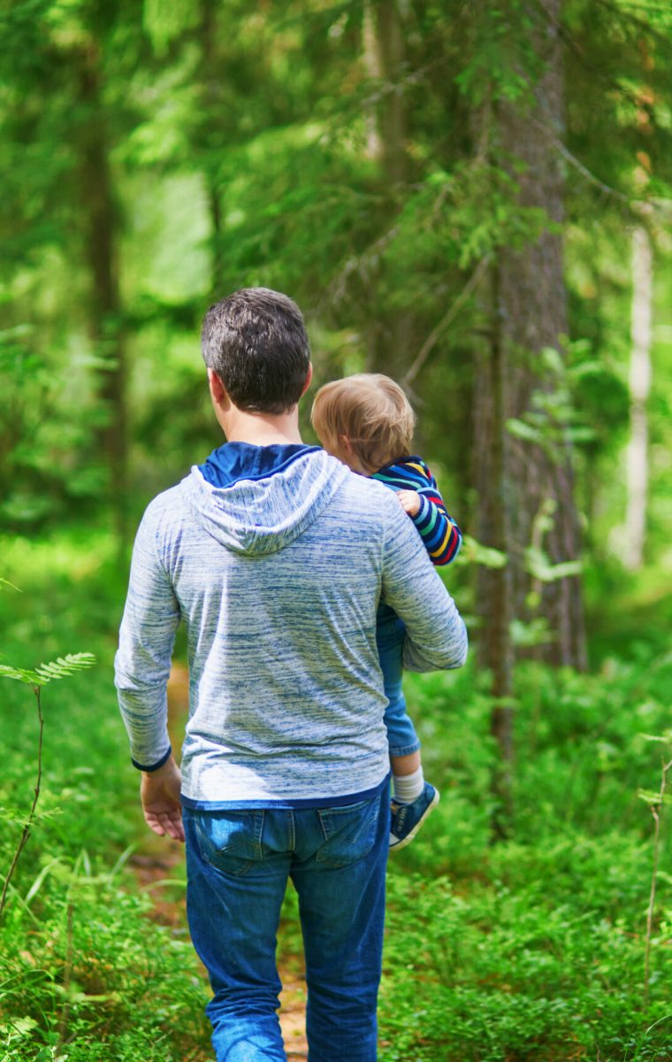 Father carrying his child during walk in forest. Man with his adorable toddler daughter enjoying nature together